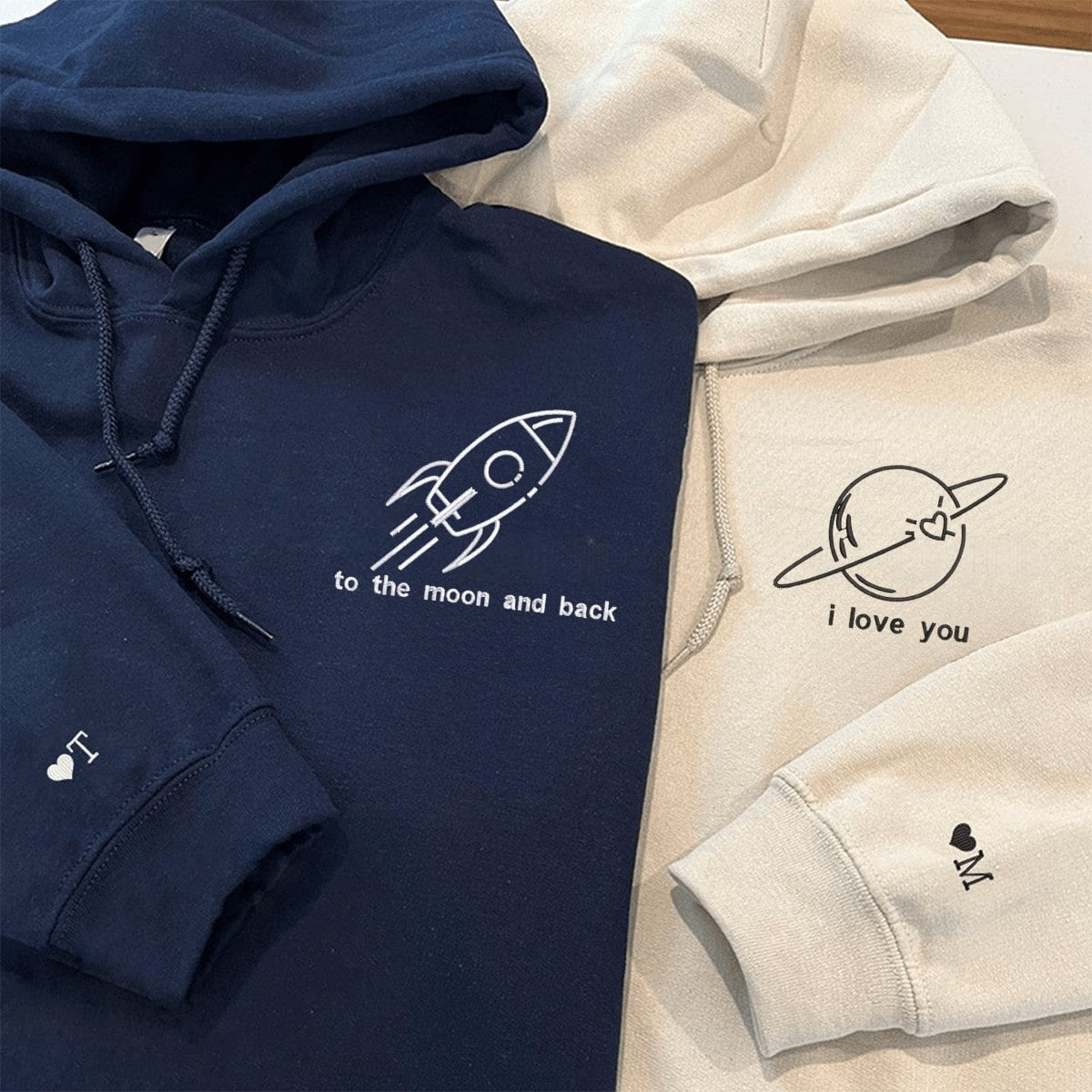 Matching Couple Hoodies with space theme and 'To the Moon and Back' couples matching hoodies.
