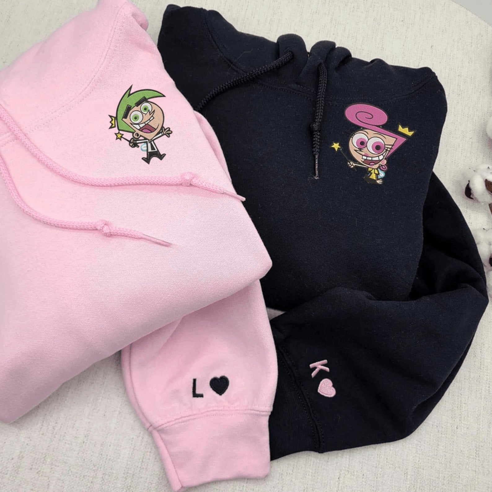 Matching Couple Hoodies featuring couples matching hoodies with fairy-themed cartoon characters.
