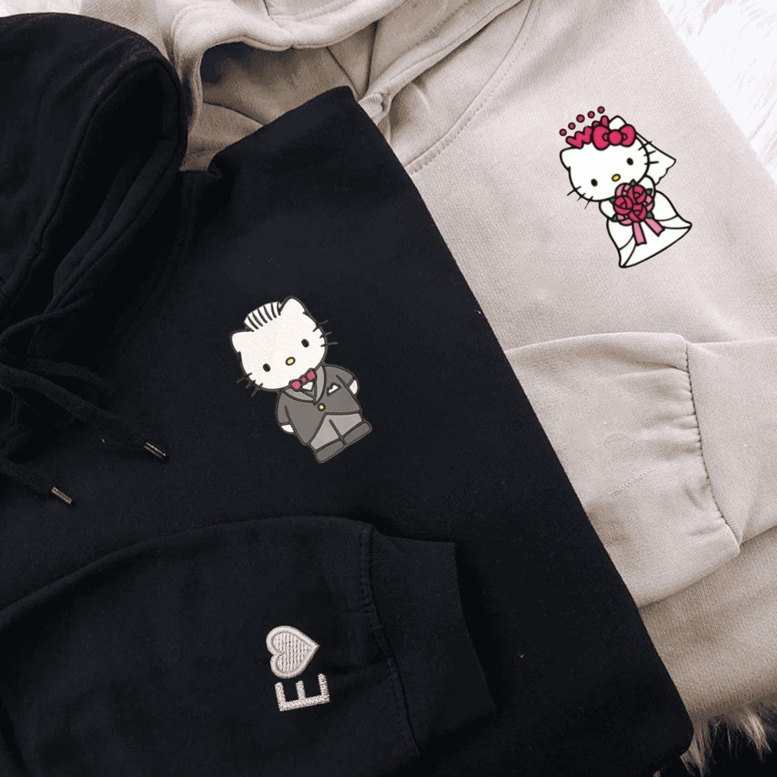 Matching Couple Hoodies featuring wedding cartoon kitten couples matching hoodies with bride and groom designs.
