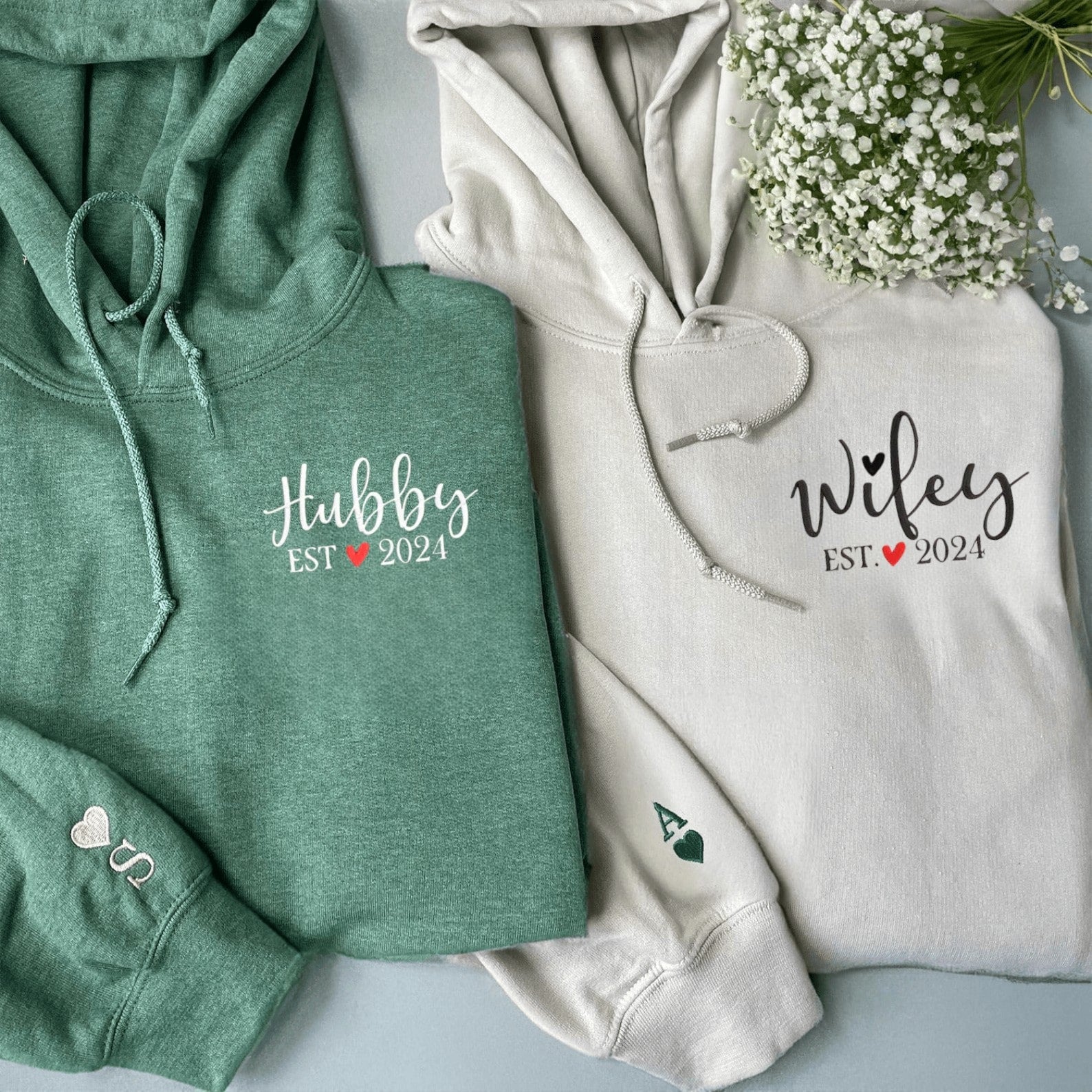 Matching Couple Hoodies styled as matching couple sweatshirts with Wifey and Hubby prints.
