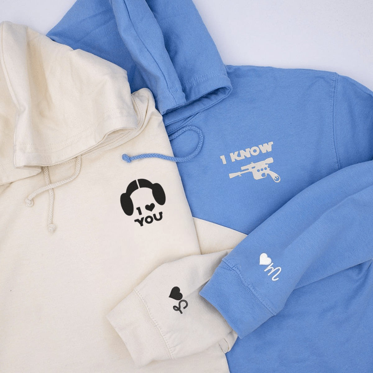 Matching Couple Hoodies with 'I Love You' and 'I Know' Star Wars-inspired couples matching hoodies.
