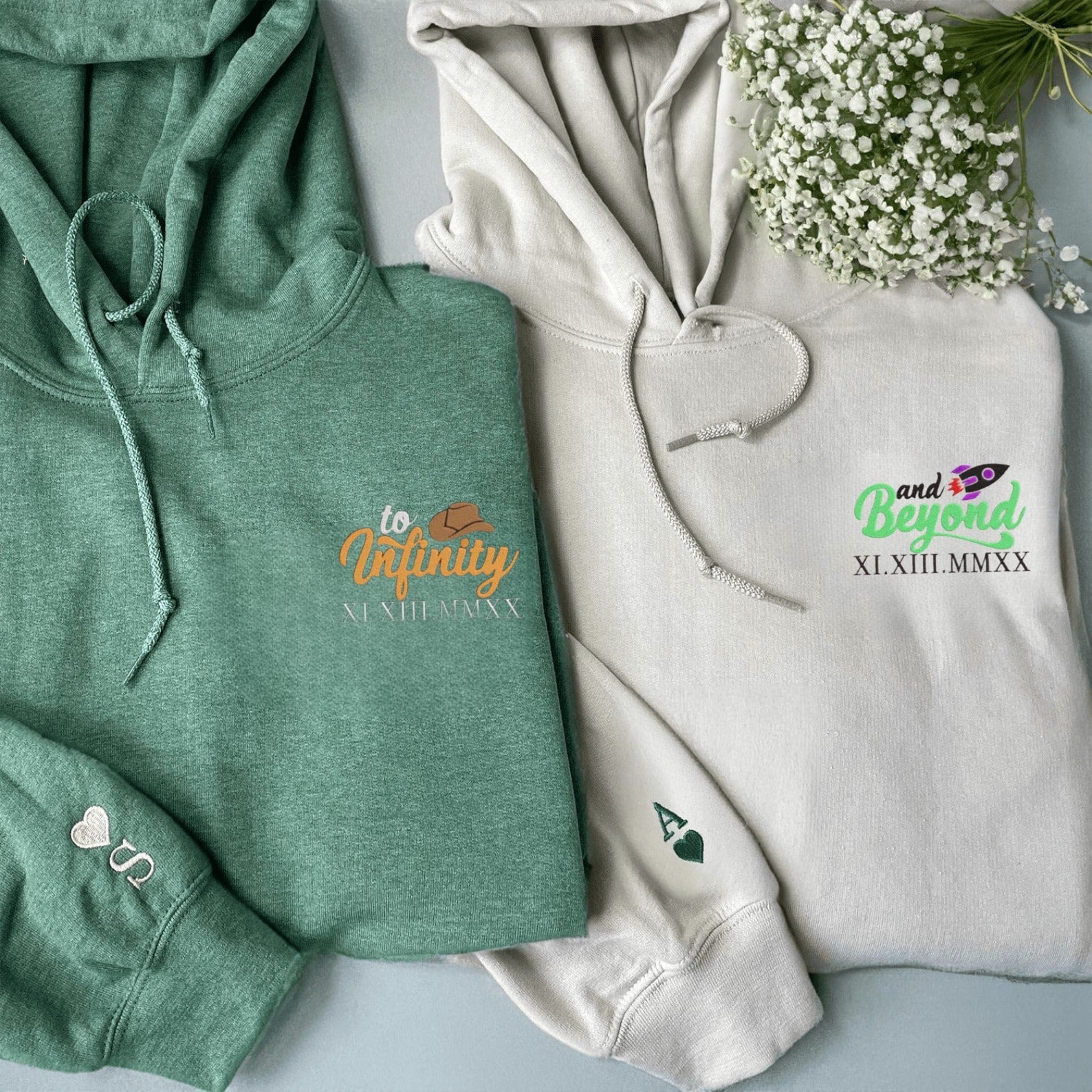 Matching Couple Hoodies styled as matching couple sweatshirts with personalized Wifey and Hubby prints.
