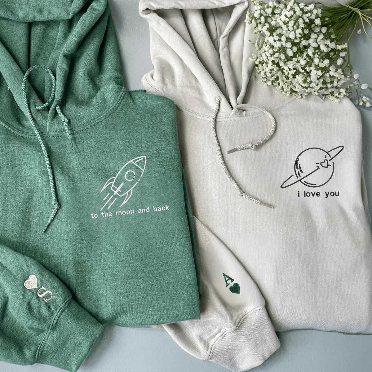 Matching Couple Hoodies designed as matching couple sweatshirts with 'I Love You' and space designs.
