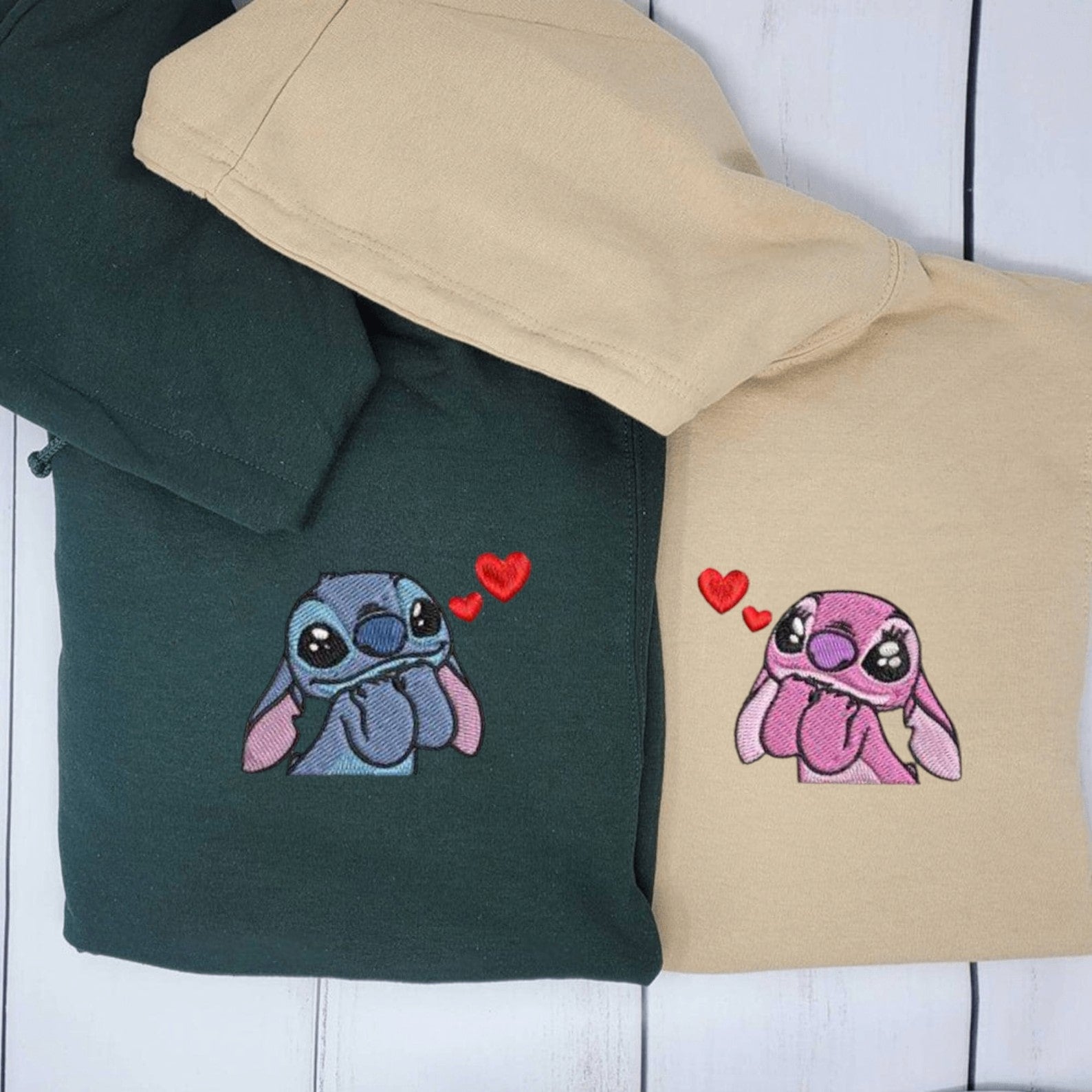 Matching Couple Hoodies styled as matching couple sweatshirts with Stitch and Angel cute prints.
