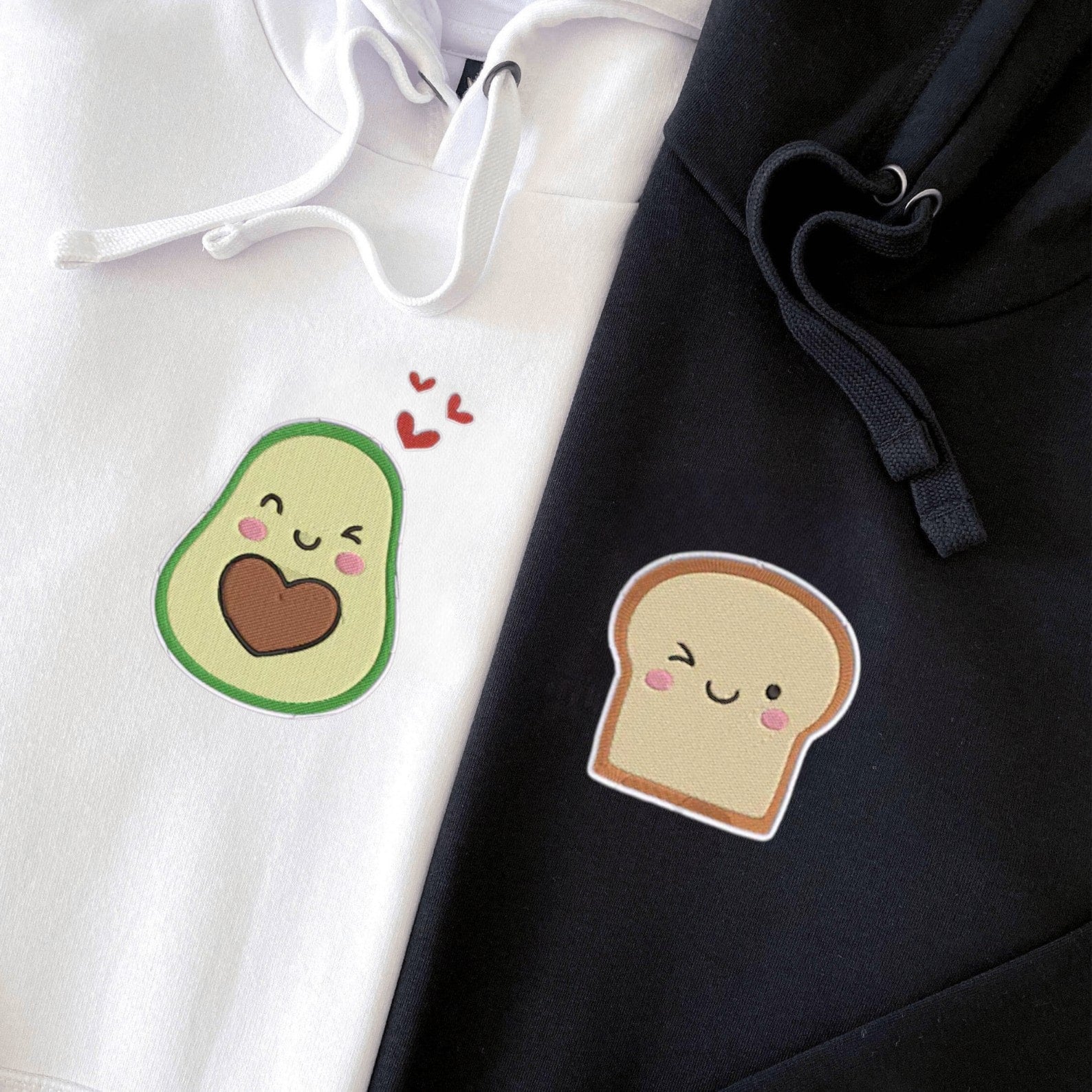 Matching Couple Hoodies styled as matching couple sweatshirts with adorable avocado and toast prints.
