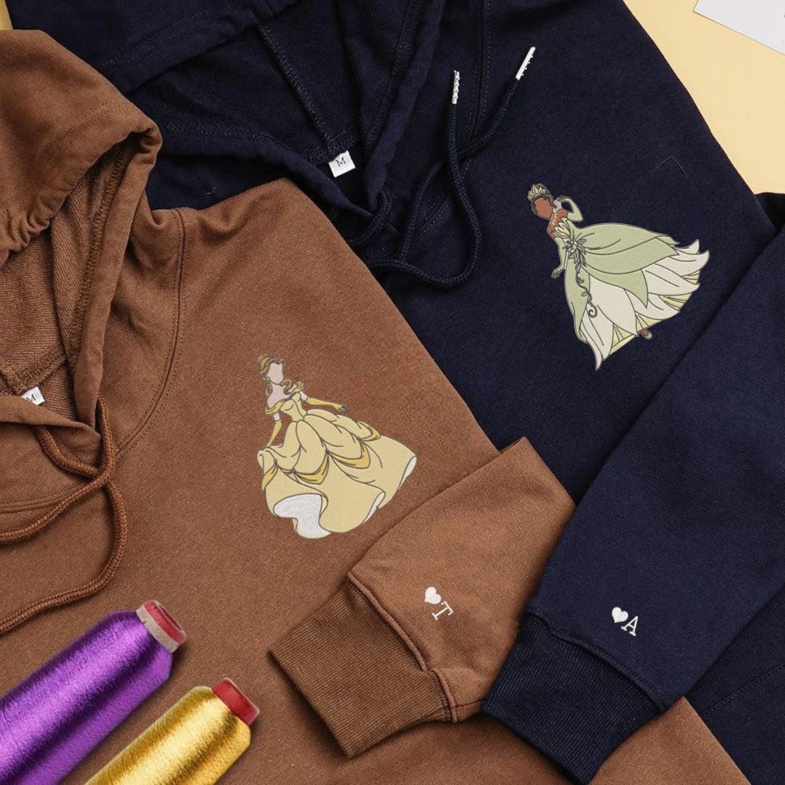 Close-up of princess-themed hoodies perfect for casual wear and gifting.