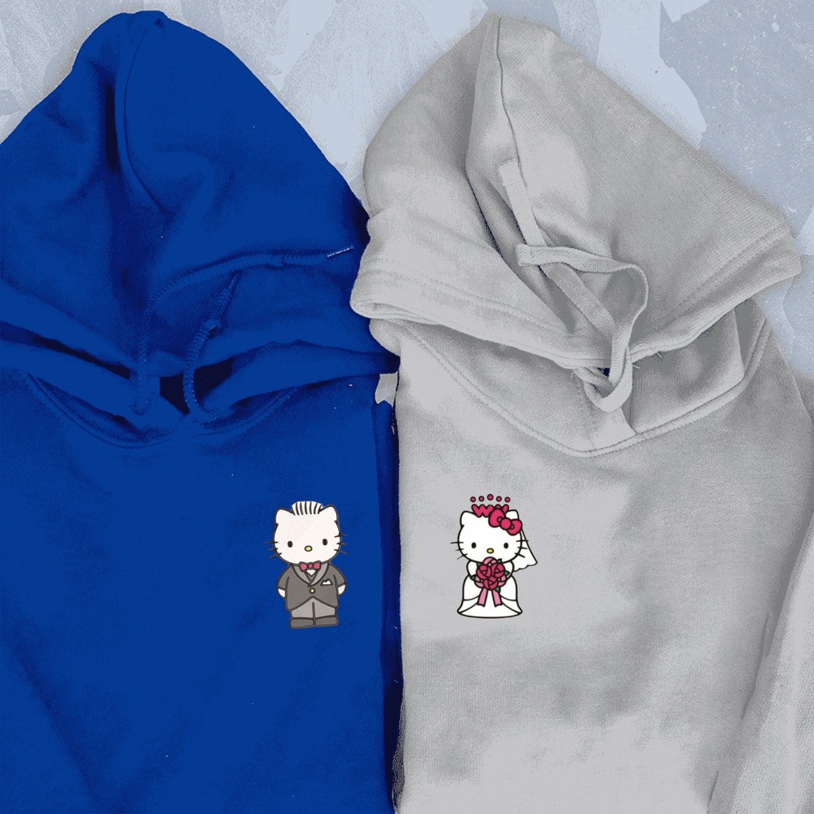 Matching Couple Hoodies styled as matching couple sweatshirts with adorable wedding kitten prints.
