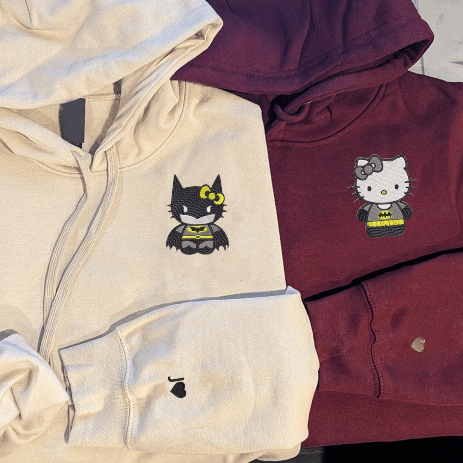 Matching Couple Hoodies featuring bat-themed cartoon cat couples matching hoodies with superhero designs.
