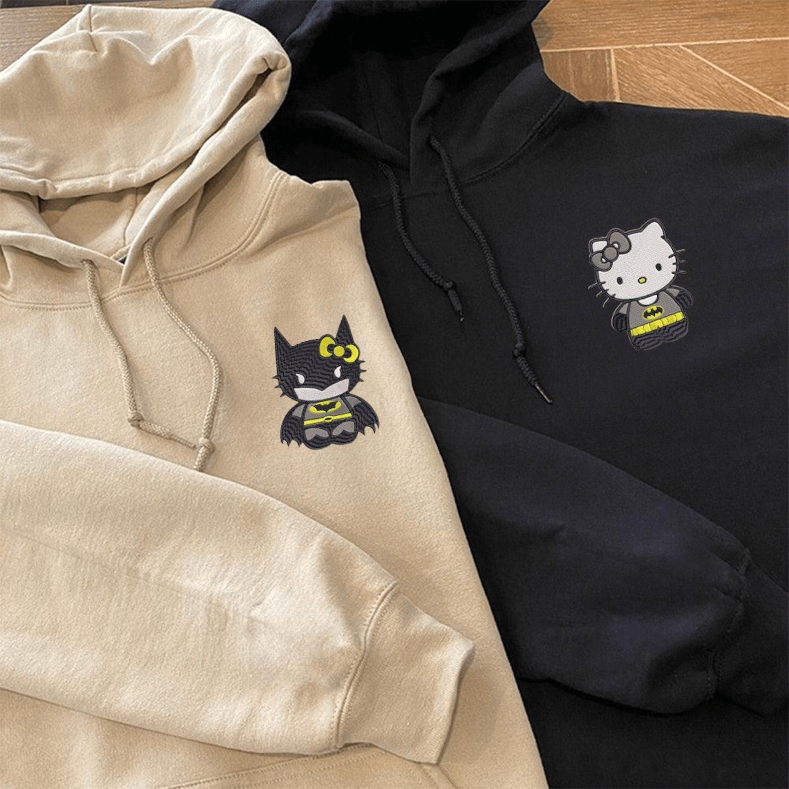 Matching Couple Hoodies styled as matching couple sweatshirts with cartoon bat cat prints.
