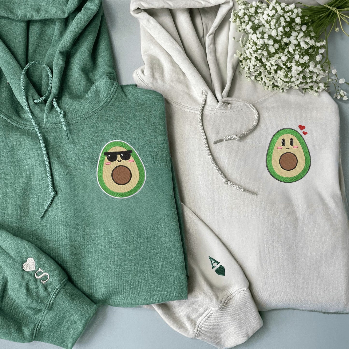 Matching Couple Hoodies with fun avocado papacado & Mamacado designs, perfect for couples matching hoodies.
