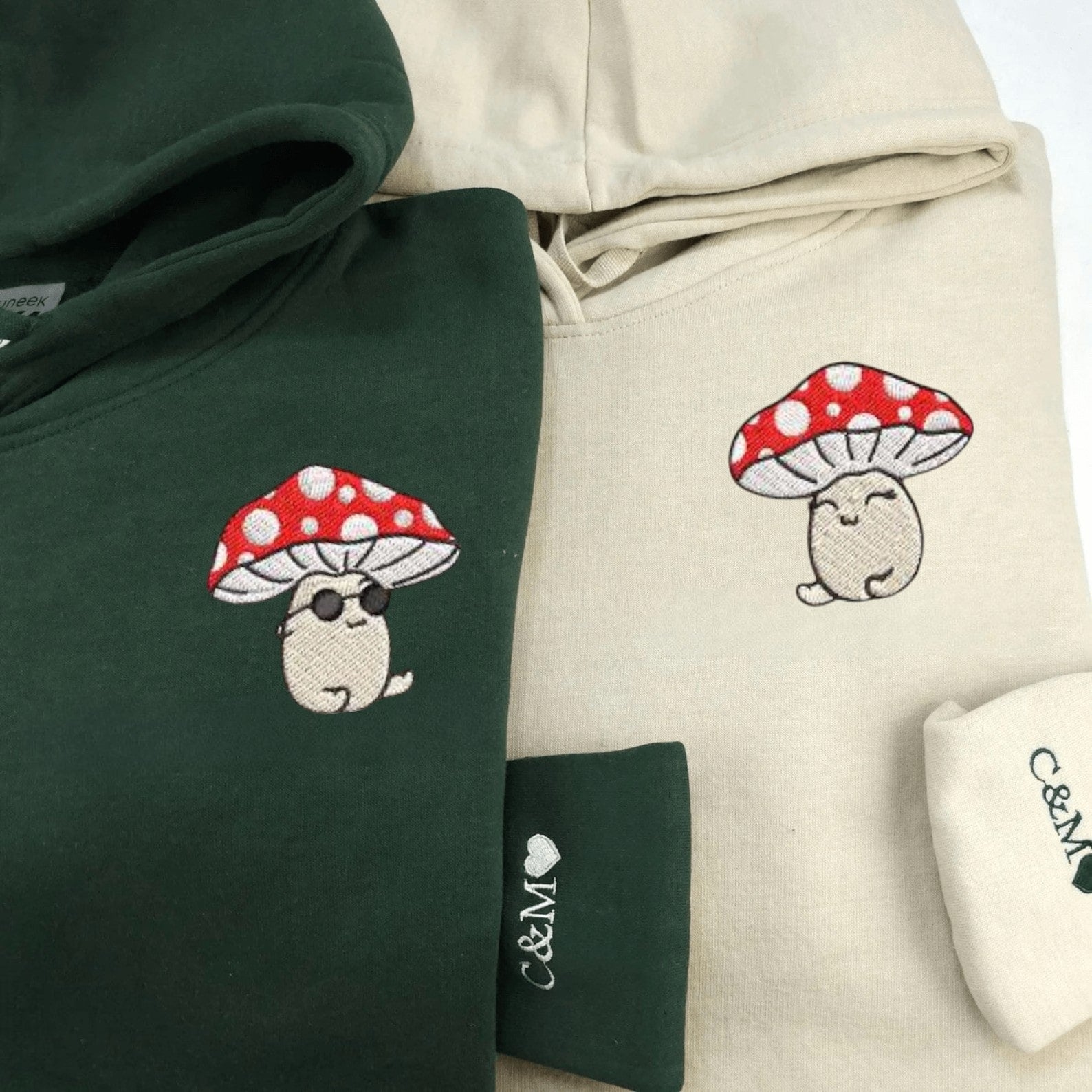 Matching Couple Hoodies with a cute mushroom design, perfect for couples matching hoodies.
