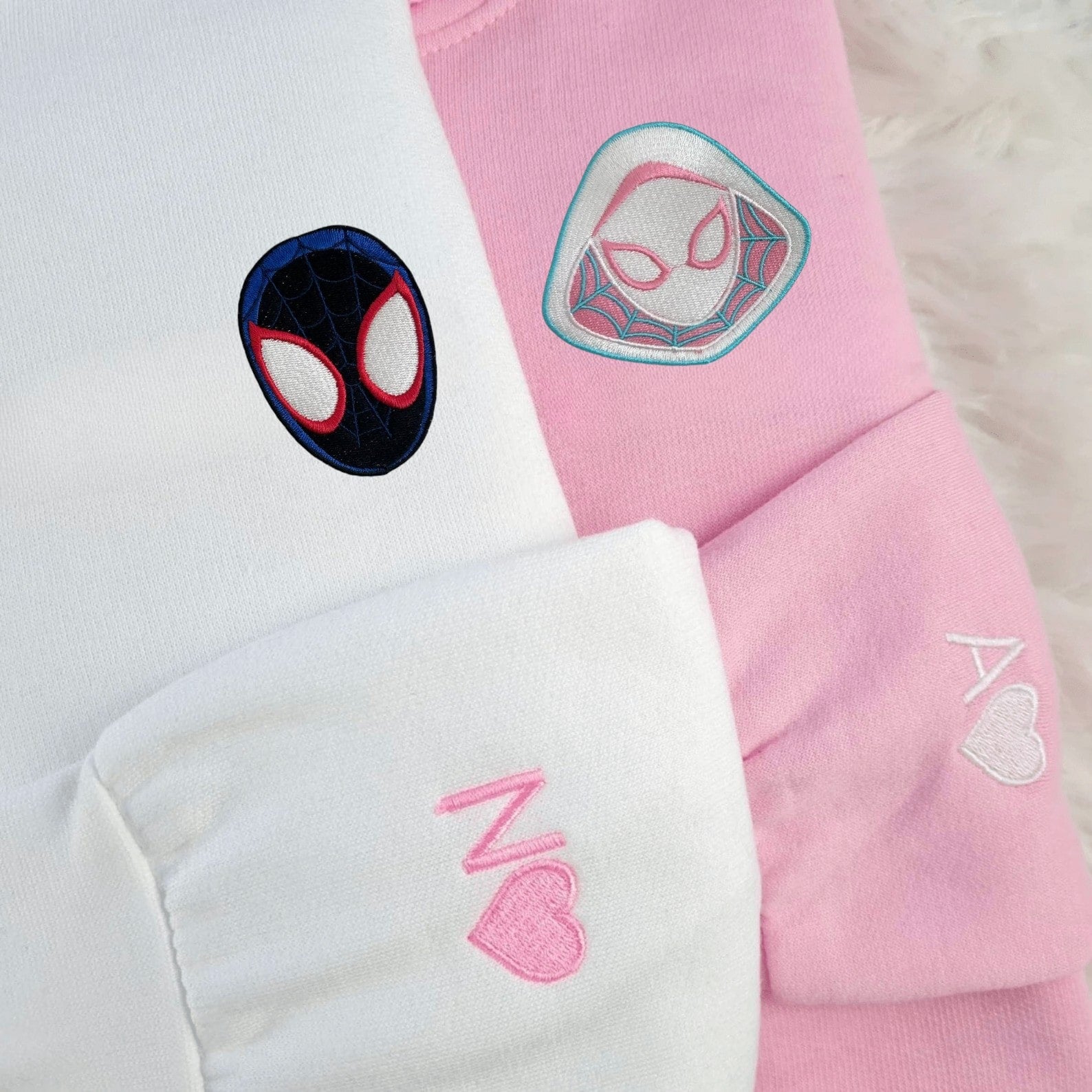 Matching Couple Hoodies with Spider-Gwen and Miles Morales designs, ideal matching couple sweatshirts.
