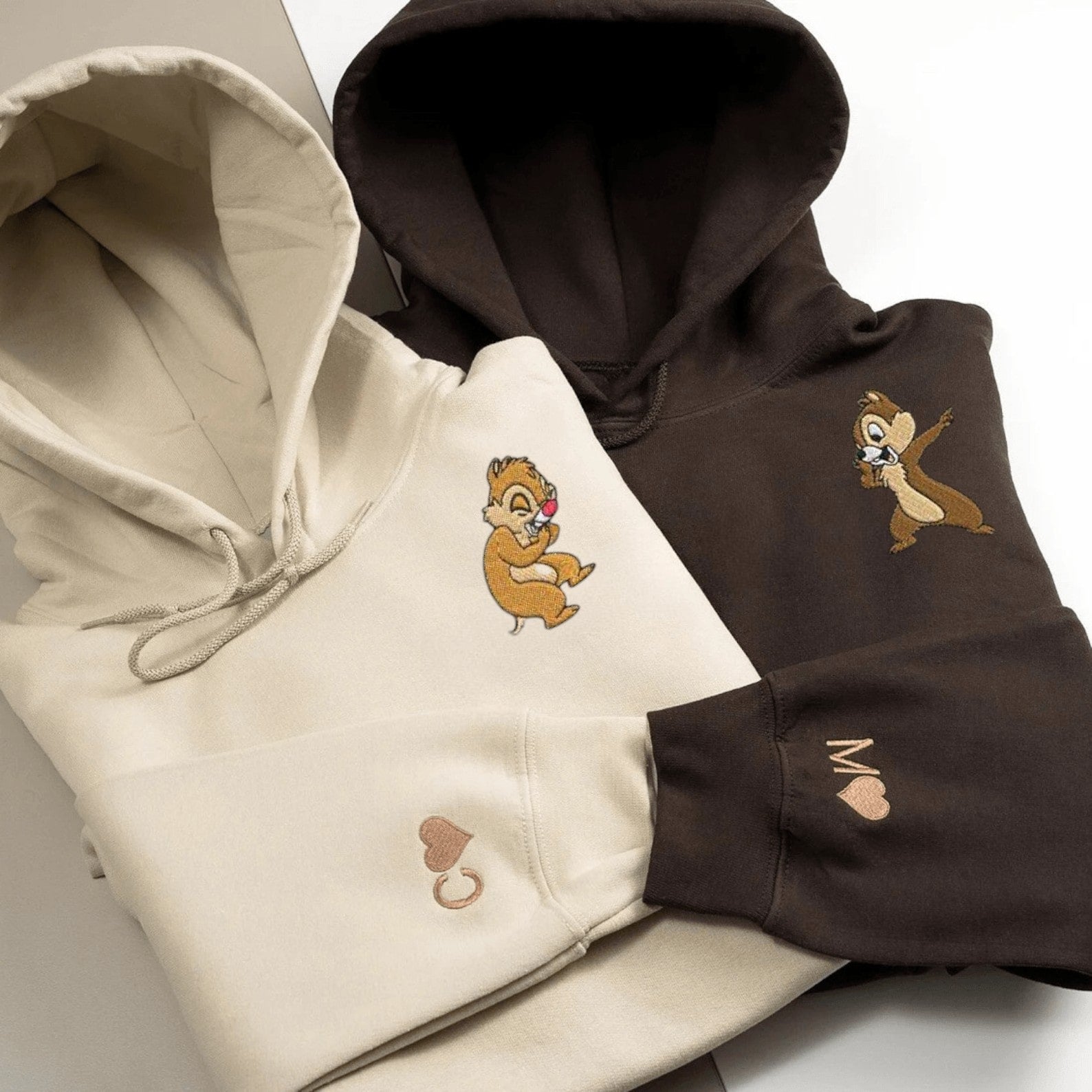 Matching Couple Hoodies with Chip and Dale designs, ideal matching couple sweatshirts.
