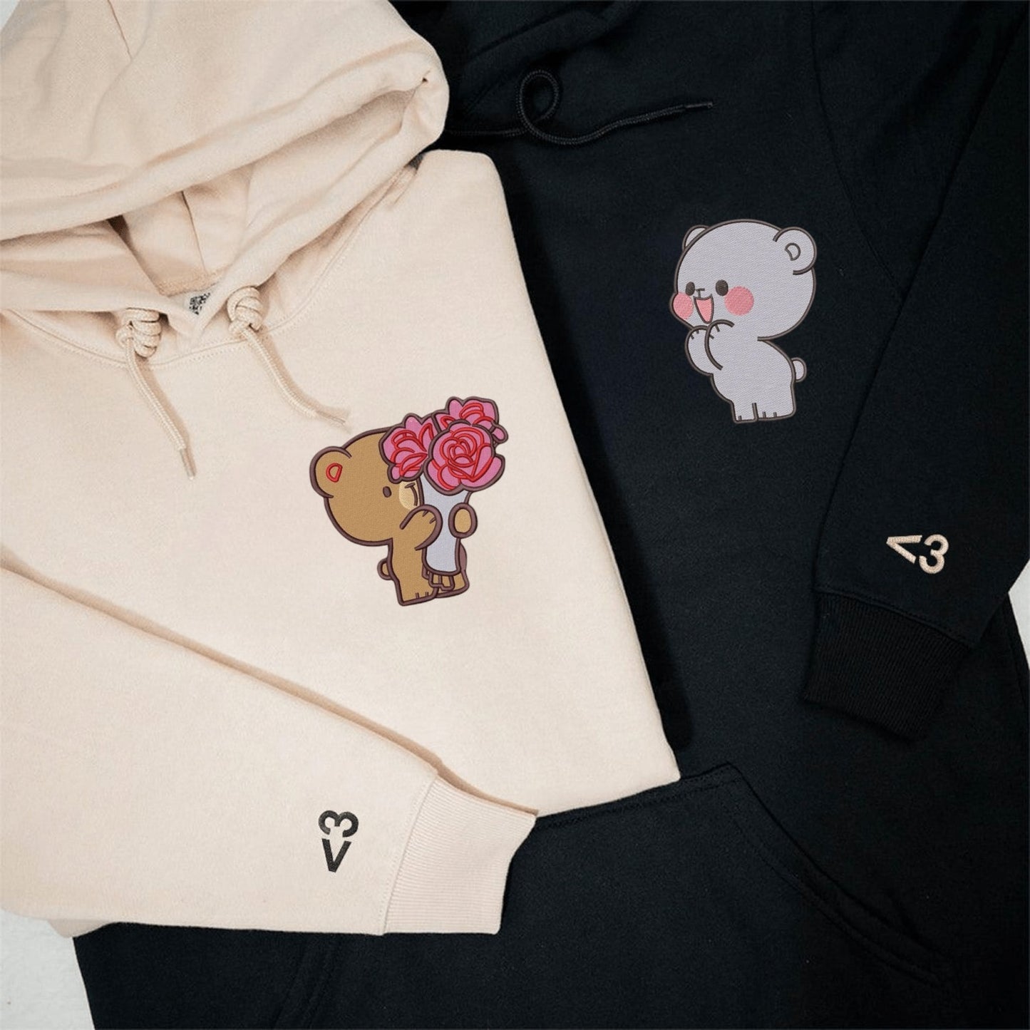 Matching Couple Hoodies with Milk and Mocha bear designs on matching couple sweatshirts.
