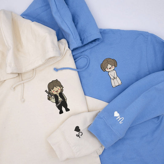 Matching Couple Hoodies featuring Hans and Leia, perfect for couples matching hoodies.
