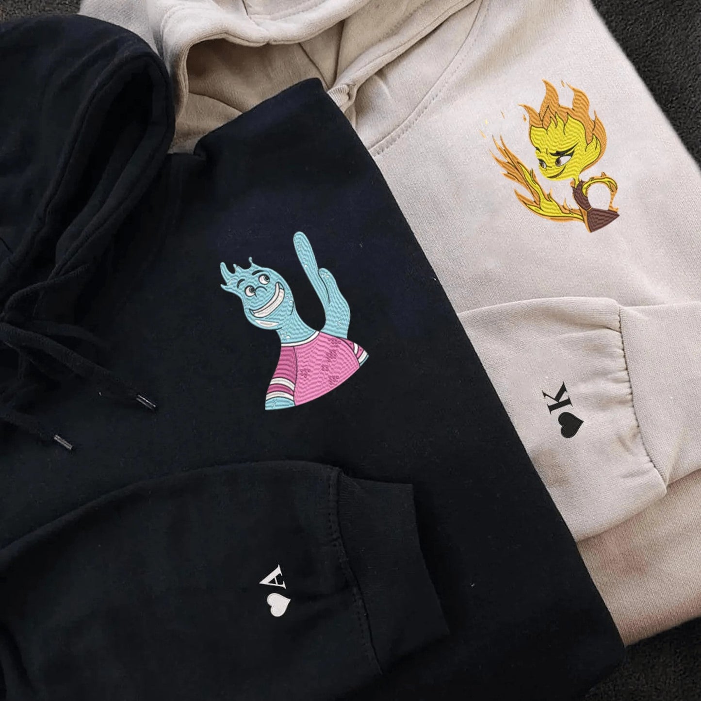 Matching Couple Hoodies with unique character graphics, great custom couple hoodies.
