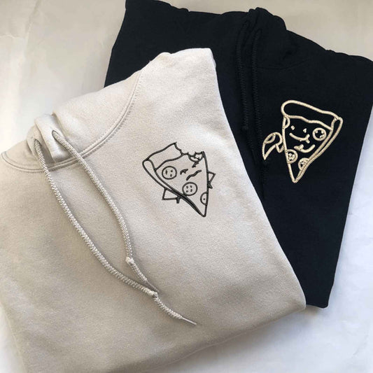 Matching Couple Hoodies featuring a fun pizza bite design for couples matching hoodies.
