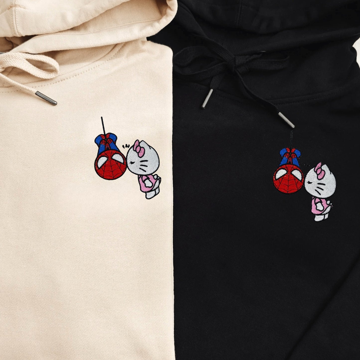 Matching Couple Hoodies with playful superhero and character graphics, great custom couple hoodies.
