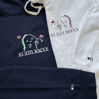 Matching Couple Hoodies featuring Cute Dino characters and roman numeral for couples matching hoodies.
