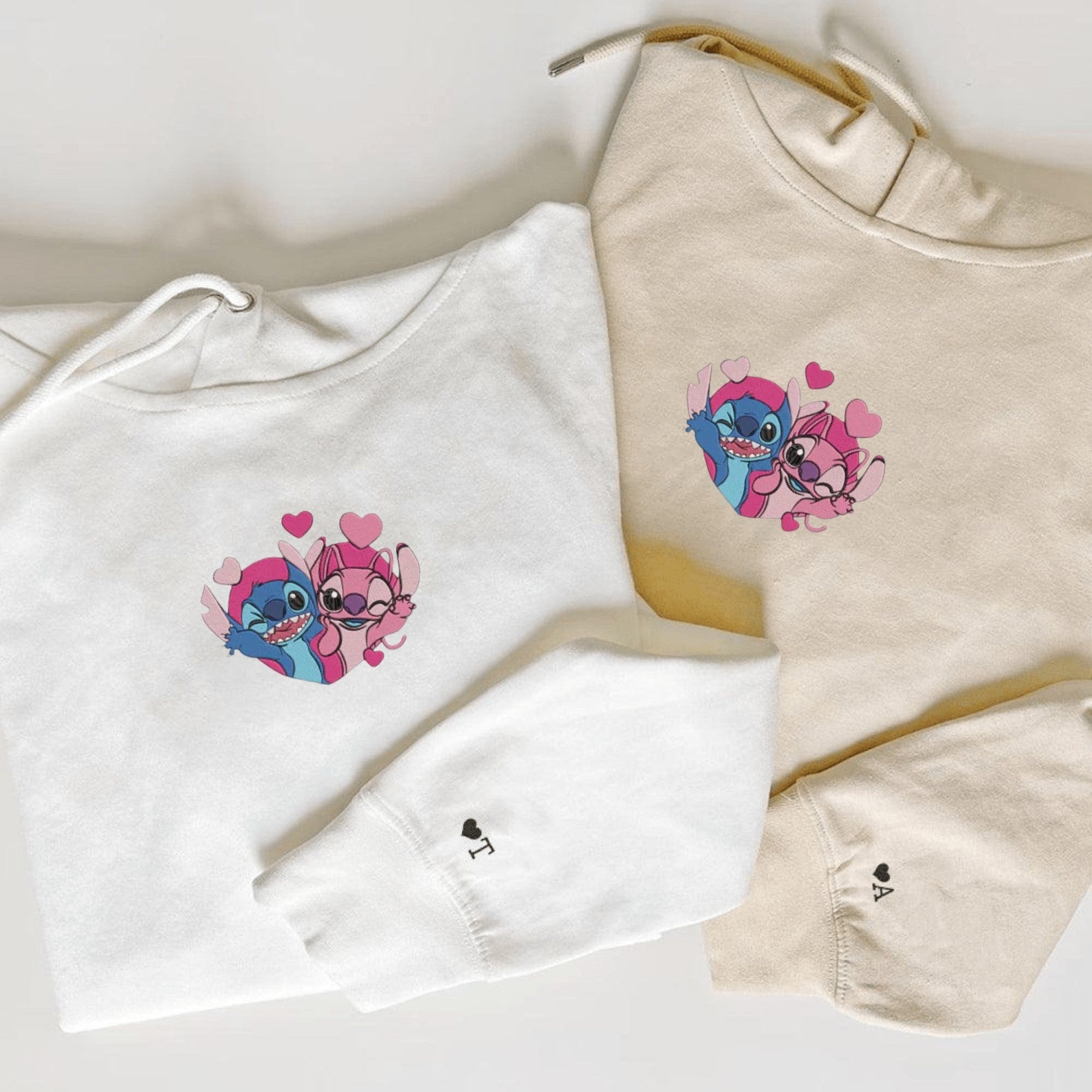 Matching Couple Hoodies offering customizable hoodies for couples with heart-themed Stitch and Angel designs.
