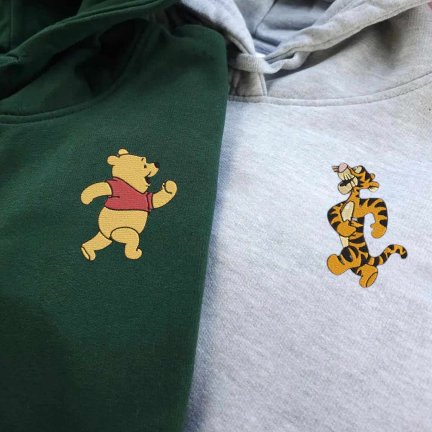 Matching Couple Hoodies with playful bear and tiger designs, ideal matching couple sweatshirts.
