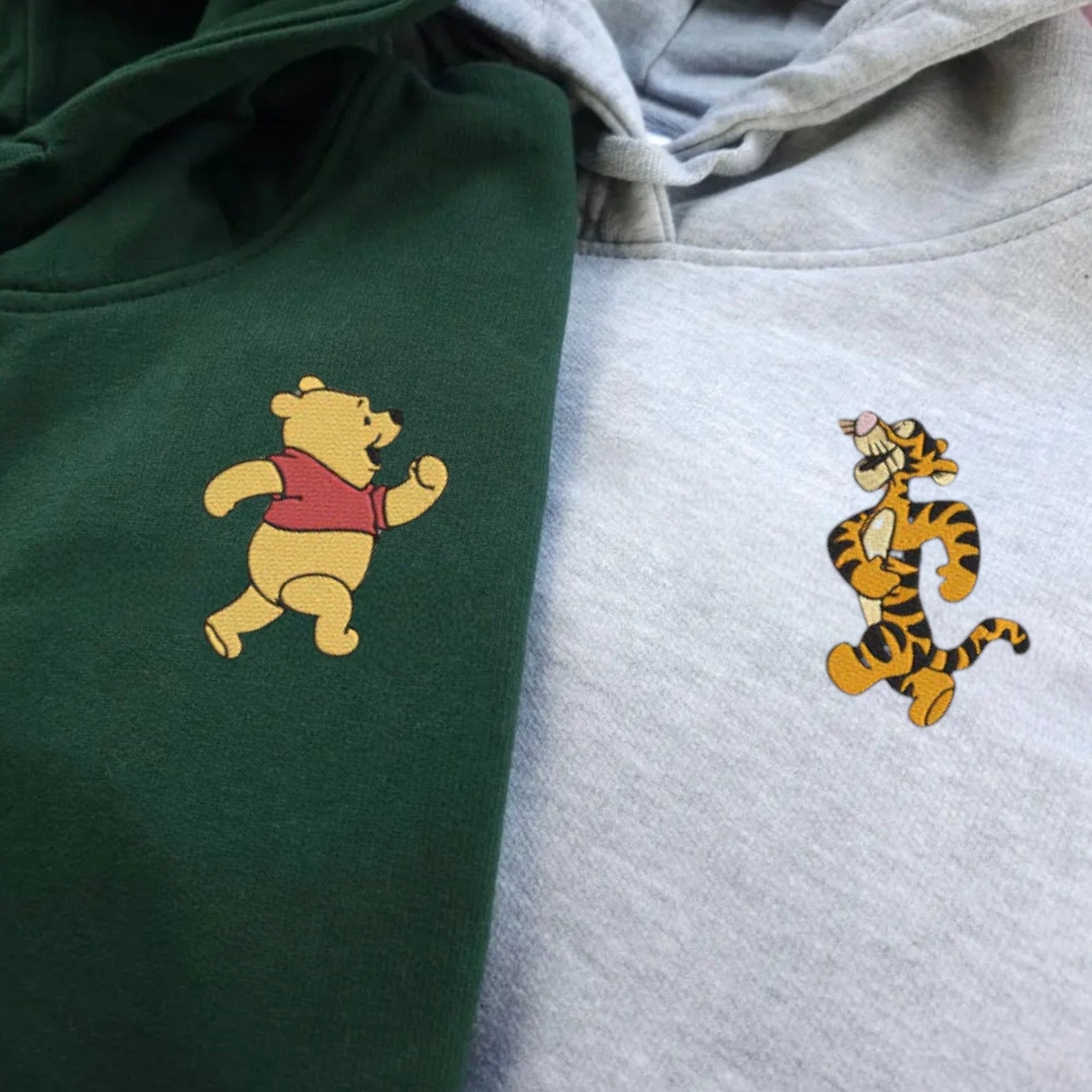 Matching Couple Hoodies with playful bear and tiger designs, ideal matching couple sweatshirts.
