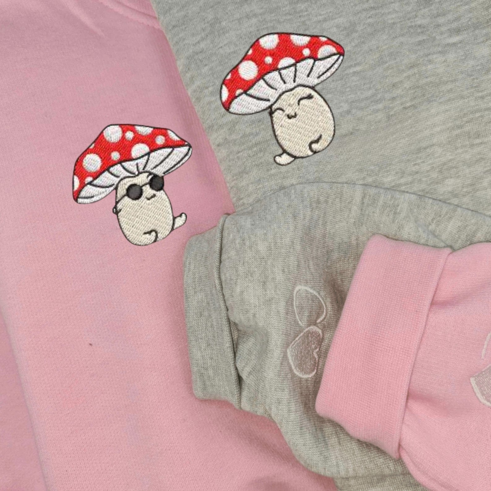 Matching Couple Hoodies featuring whimsical mushroom embroidery, ideal matching couple sweatshirts.
