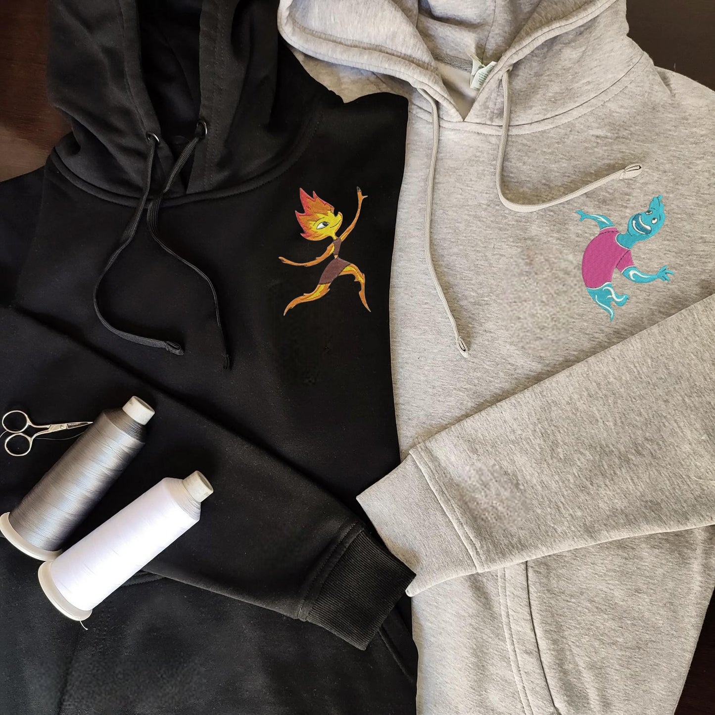 Matching Couple Hoodies featuring fire and water characters, perfect for couples matching hoodies.
