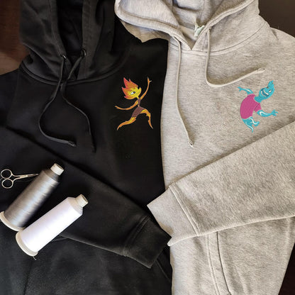 Matching Couple Hoodies featuring fire and water characters, perfect for couples matching hoodies.
