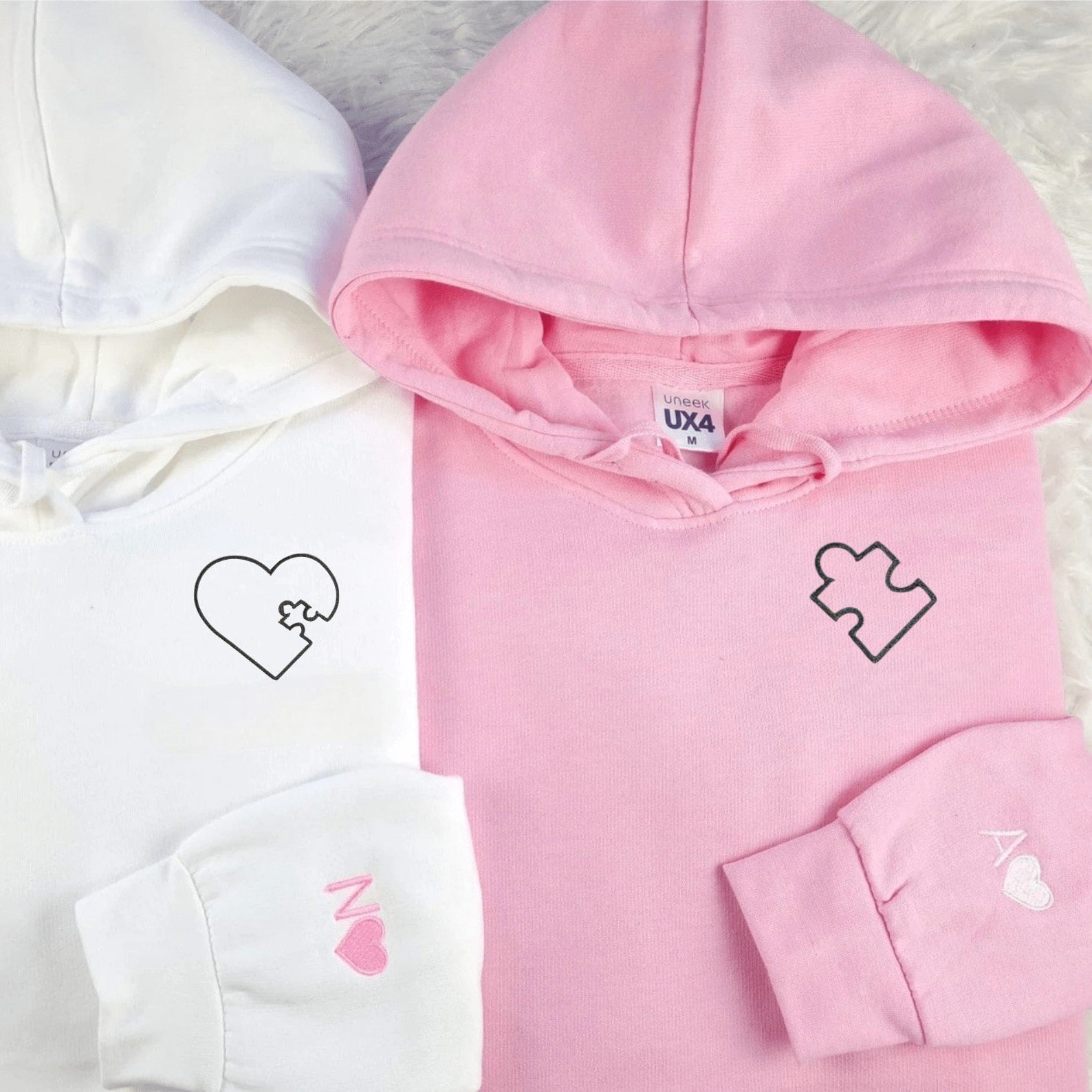 Matching Couple Hoodies with heart puzzle design, ideal for couples matching hoodies.
