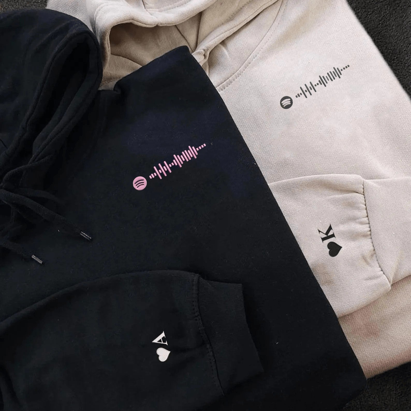 Matching Couple Hoodies featuring a Spotify code design, perfect for couples matching hoodies.
