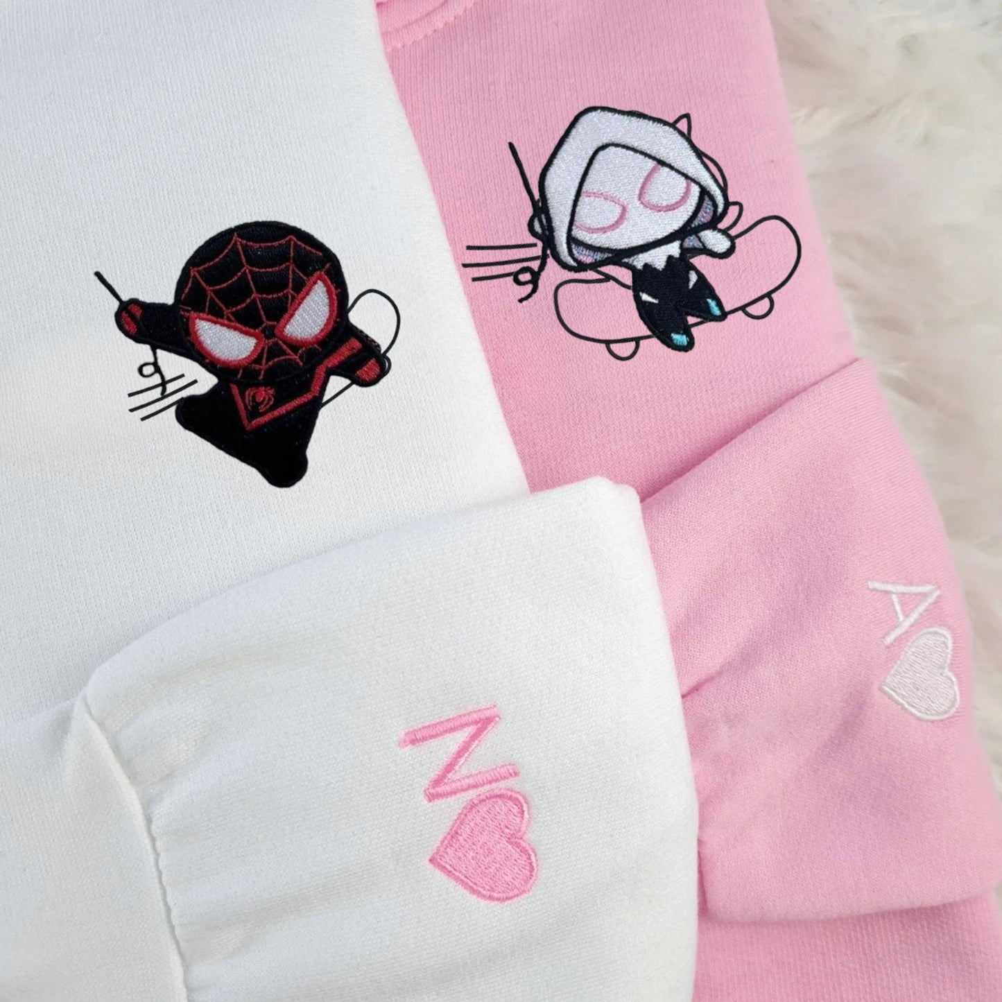 Matching Couple Hoodies with Spider-Man and Spider-Gwen designs, ideal matching couple sweatshirts.
