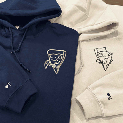 Matching Couple Hoodies with a pizza bite theme as matching couple sweatshirts.
