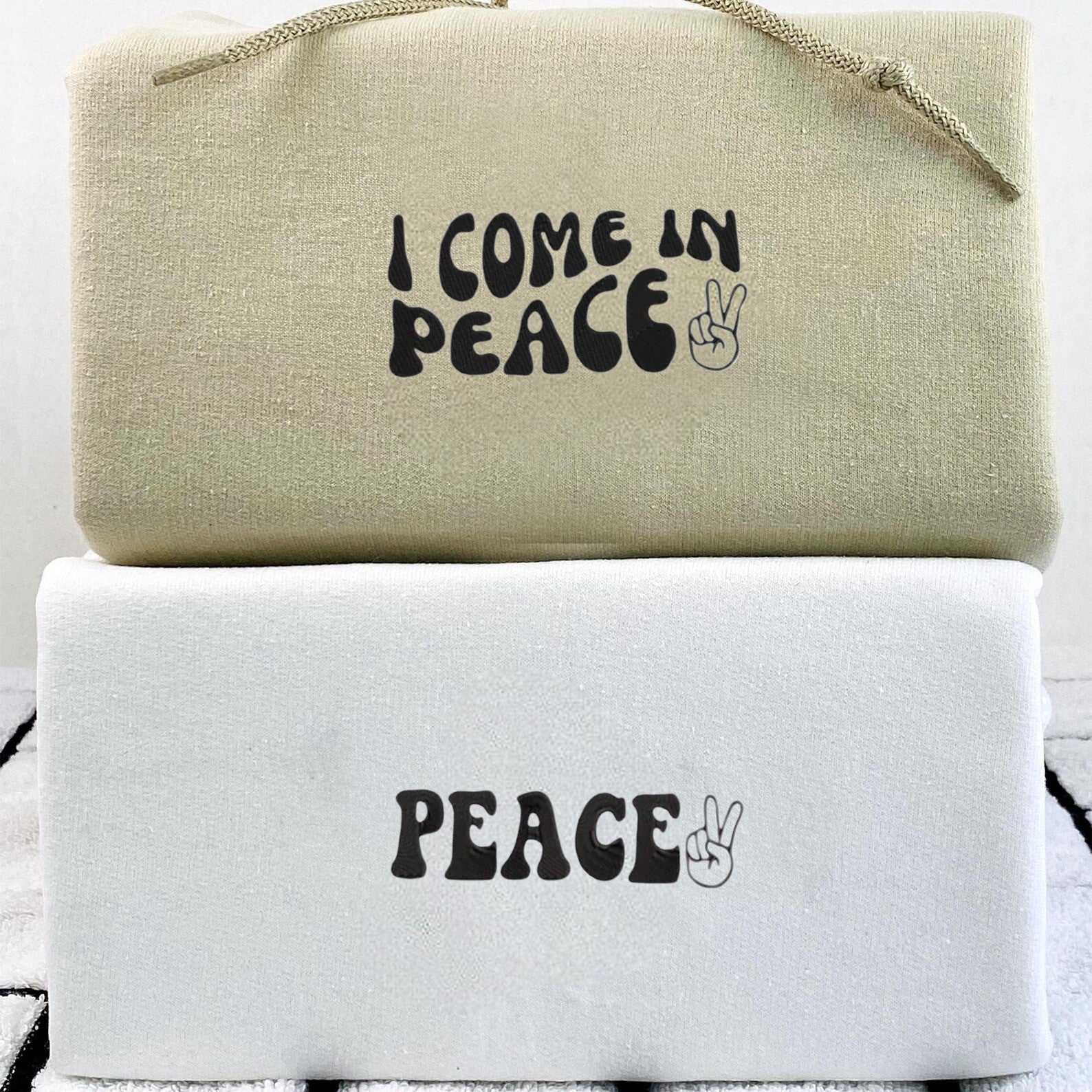 Matching Couple Hoodies featuring "Peace" and "I Come in Peace" designs, perfect for couples matching hoodies.
