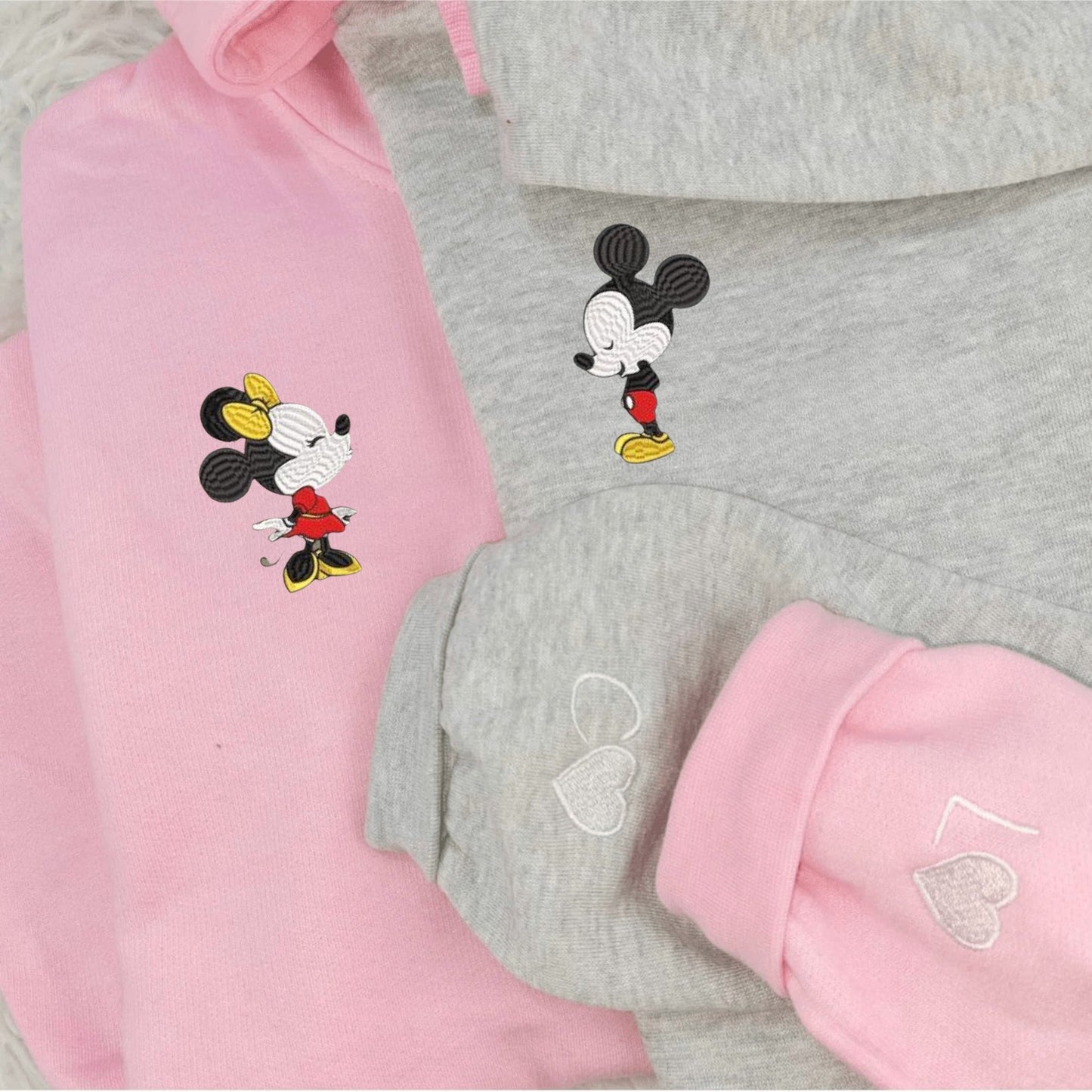 Matching Couple Hoodies featuring Mickey and Minnie Mouse, ideal matching couple sweatshirts.
