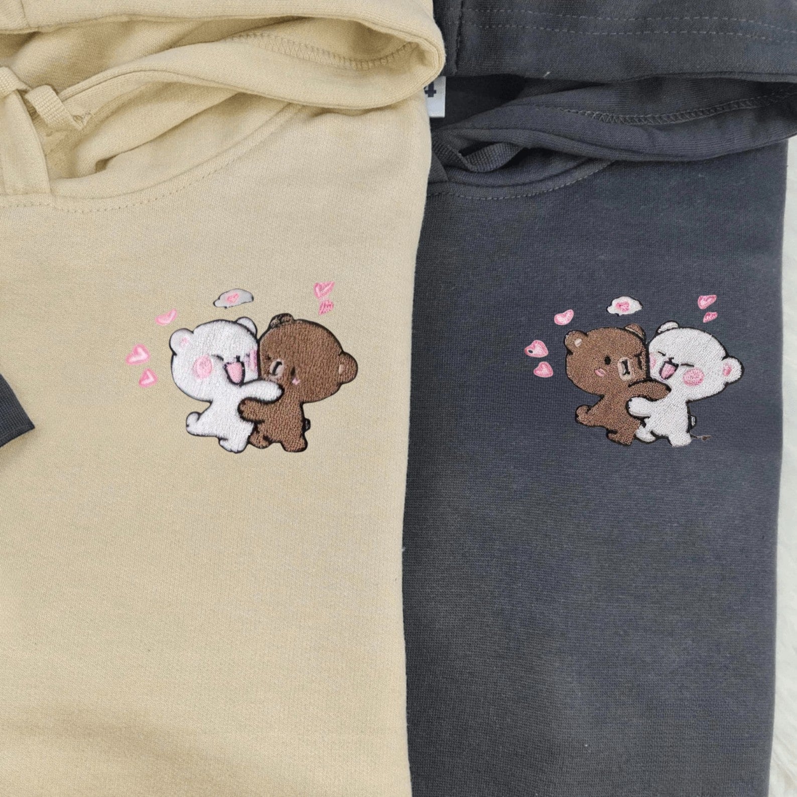 Matching Couple Hoodies with bear couple embroidery, ideal matching couple sweatshirts.
