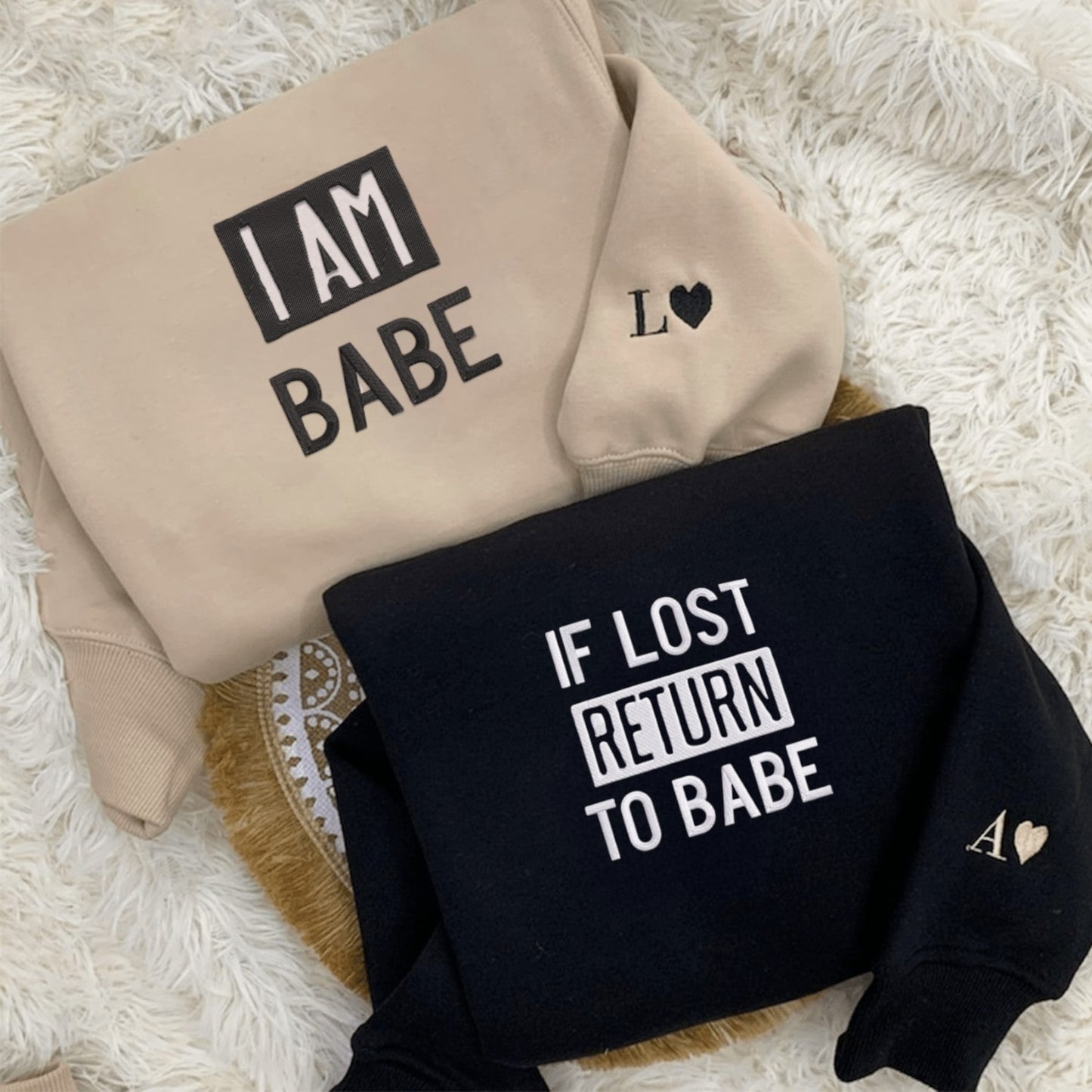 Matching Couple Hoodies featuring funny text on matching couple sweatshirts.
