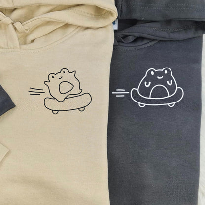 Matching Couple Hoodies featuring cute skateboarding frogs, perfect for couples matching hoodies.
