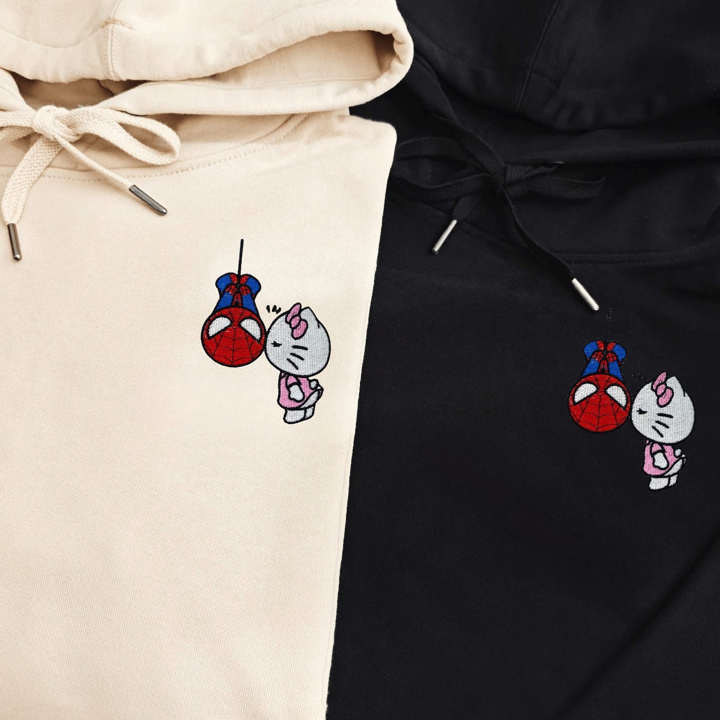 Matching Couple Hoodies featuring Spider-Man and Hello Kitty, perfect for couples matching hoodies.
