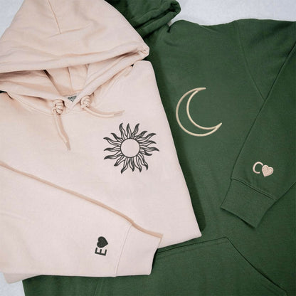 Matching Couple Hoodies with sun and moon design for couples matching hoodies.
