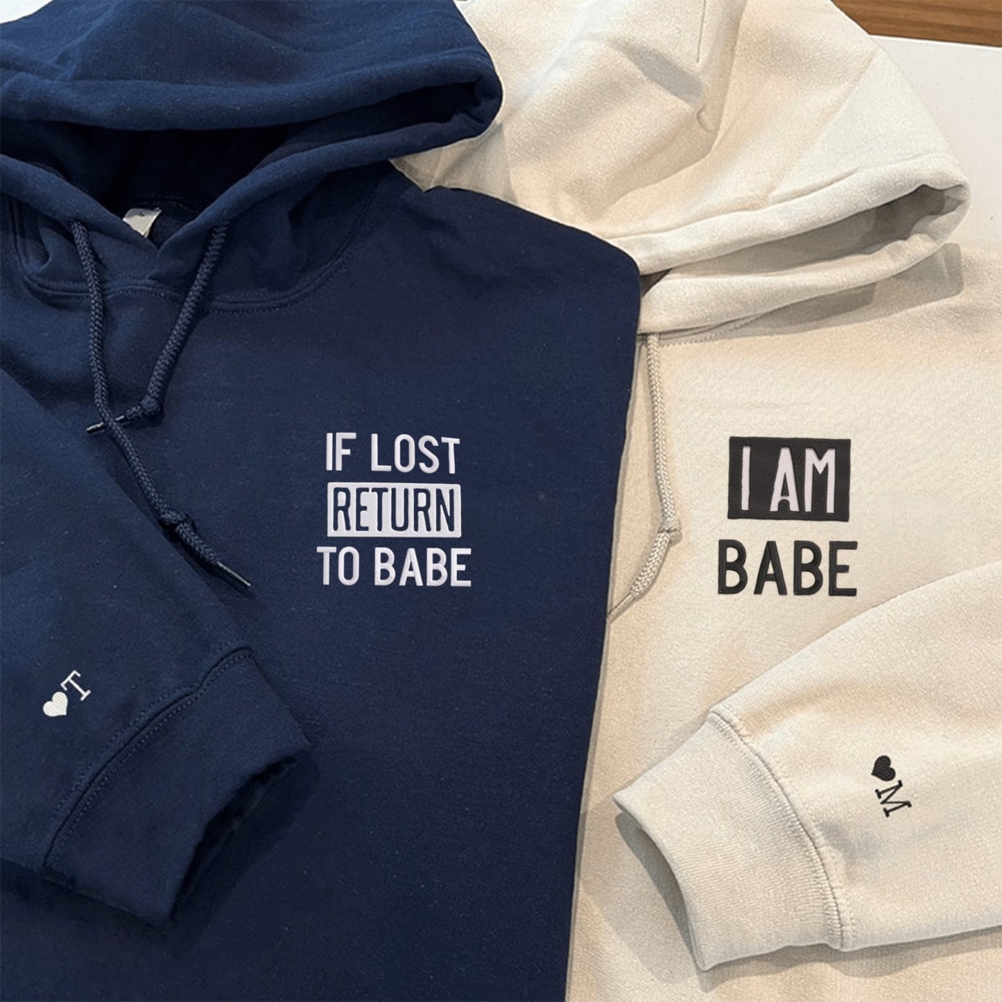 Matching Couple Hoodies with "I Am Babe" and "If Lost Return to Babe" designs, ideal for couples matching hoodies.
