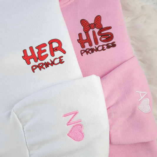 Matching Couple Hoodies featuring "Her Prince" and "His Princess" designs, perfect for couples matching hoodies.
