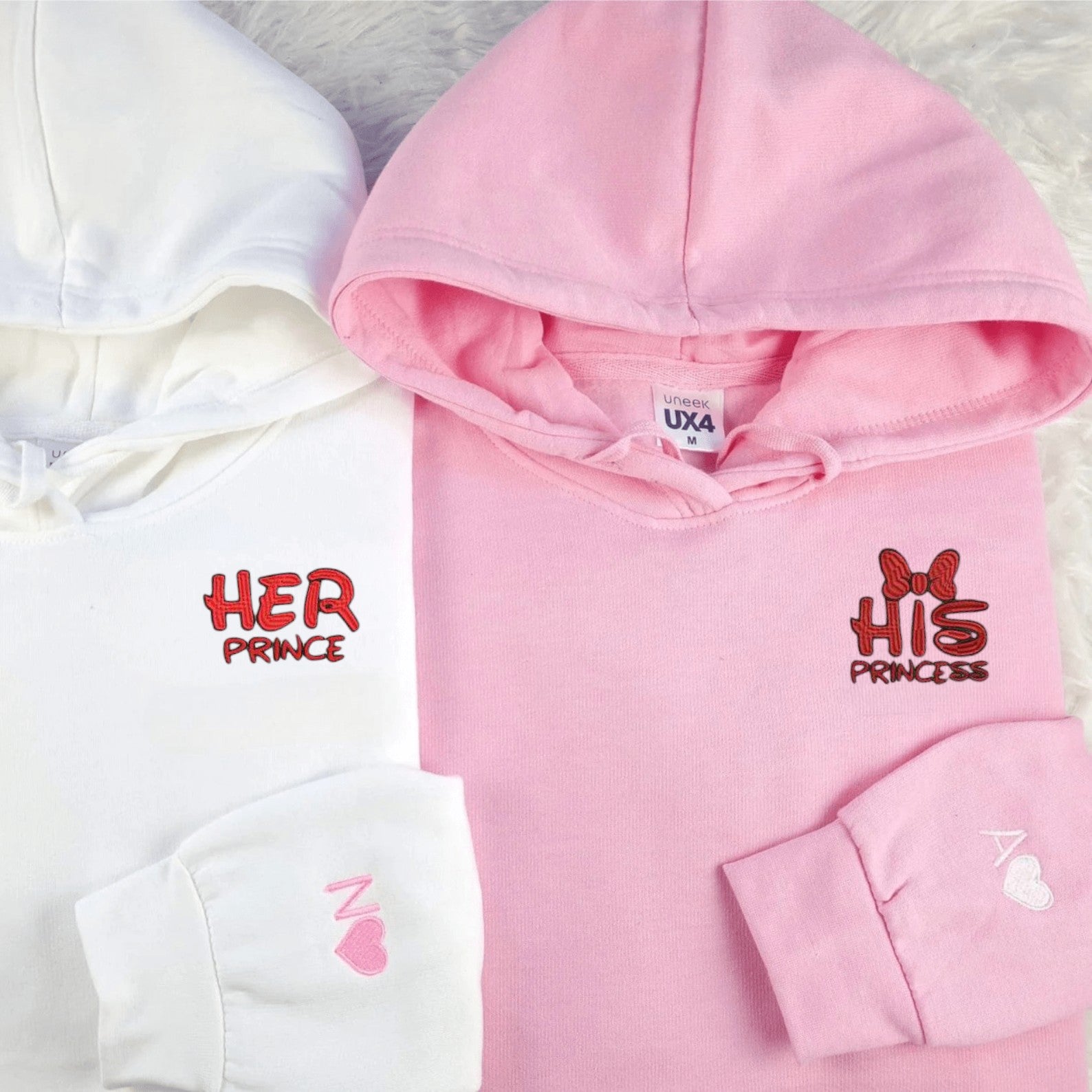 Matching Couple Hoodies with "Her Prince" and "His Princess" designs, ideal matching couple sweatshirts.
