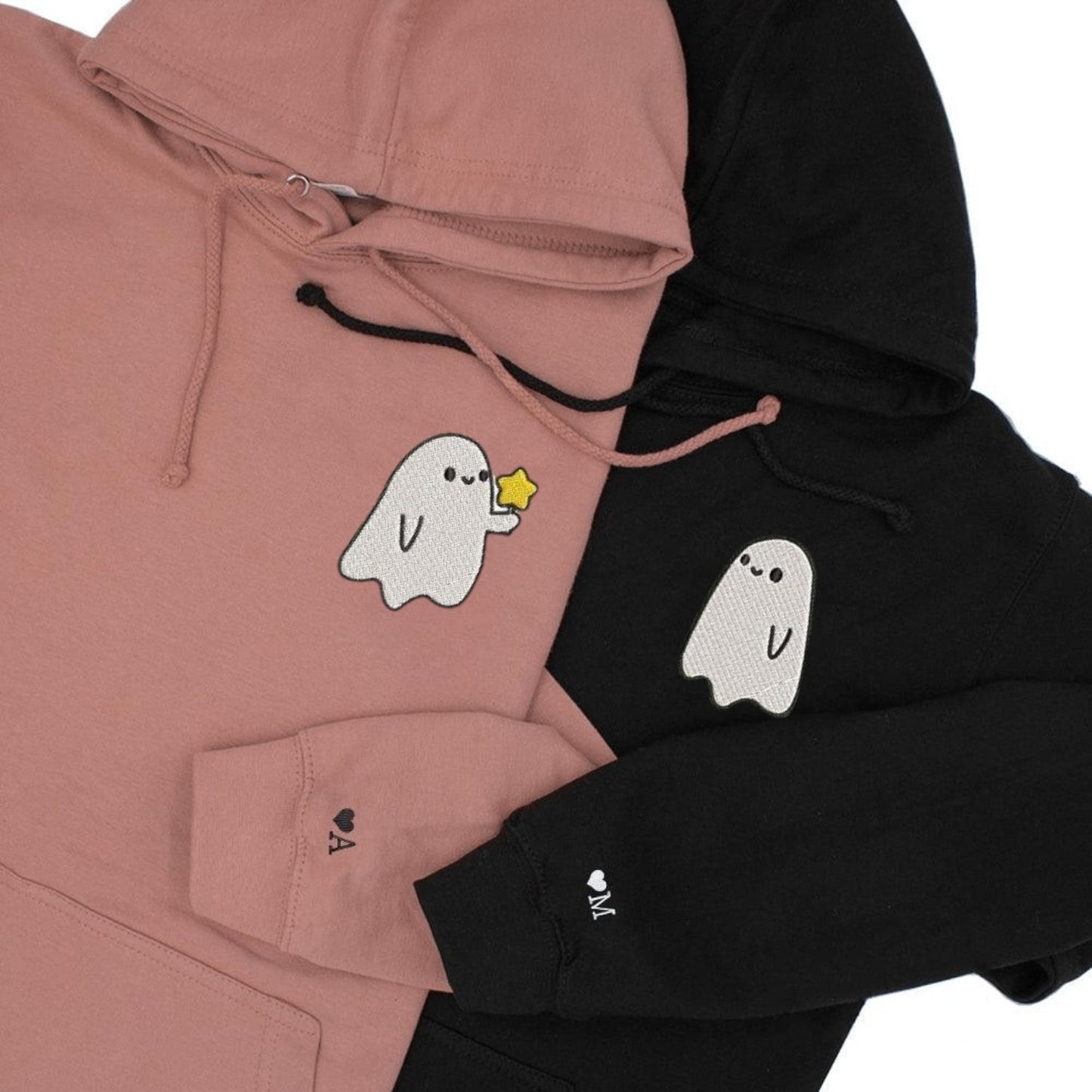 Matching Couple Hoodies with custom ghost embroidery, great for custom couple hoodies.
