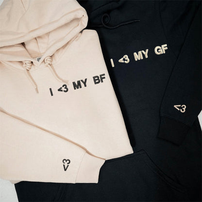 Matching Couple Hoodies with a cute "I <3 My BF" and "I <3 My GF" design, perfect for couples matching hoodies.
