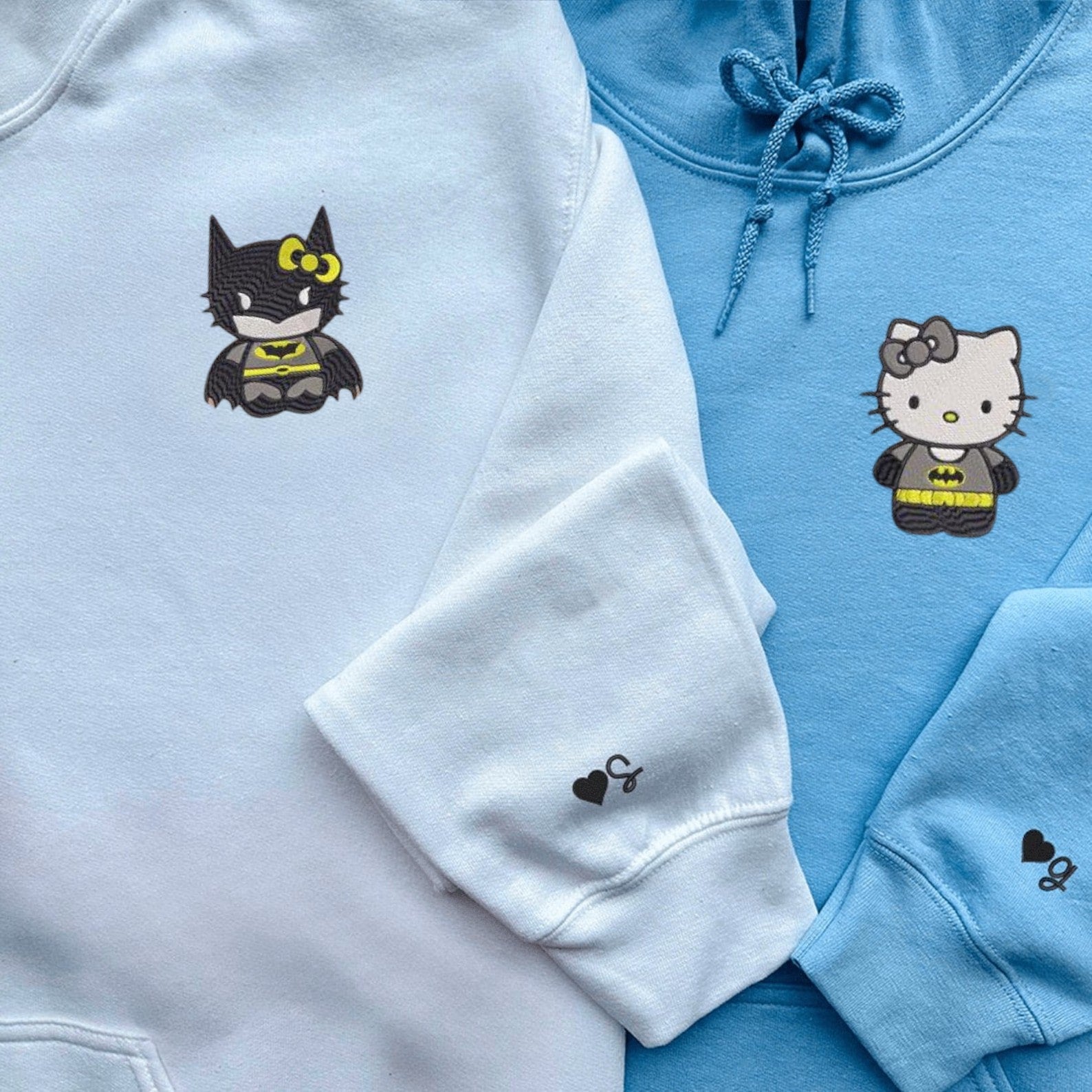 Matching Couple Hoodies featuring a Cartoon Bat and Kitten, ideal for couples matching hoodies.
