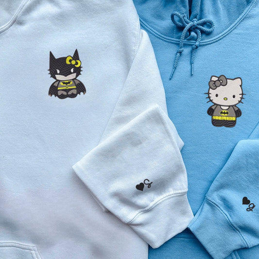 Matching Couple Hoodies featuring a Cartoon Bat and Kitten, ideal for couples matching hoodies.
