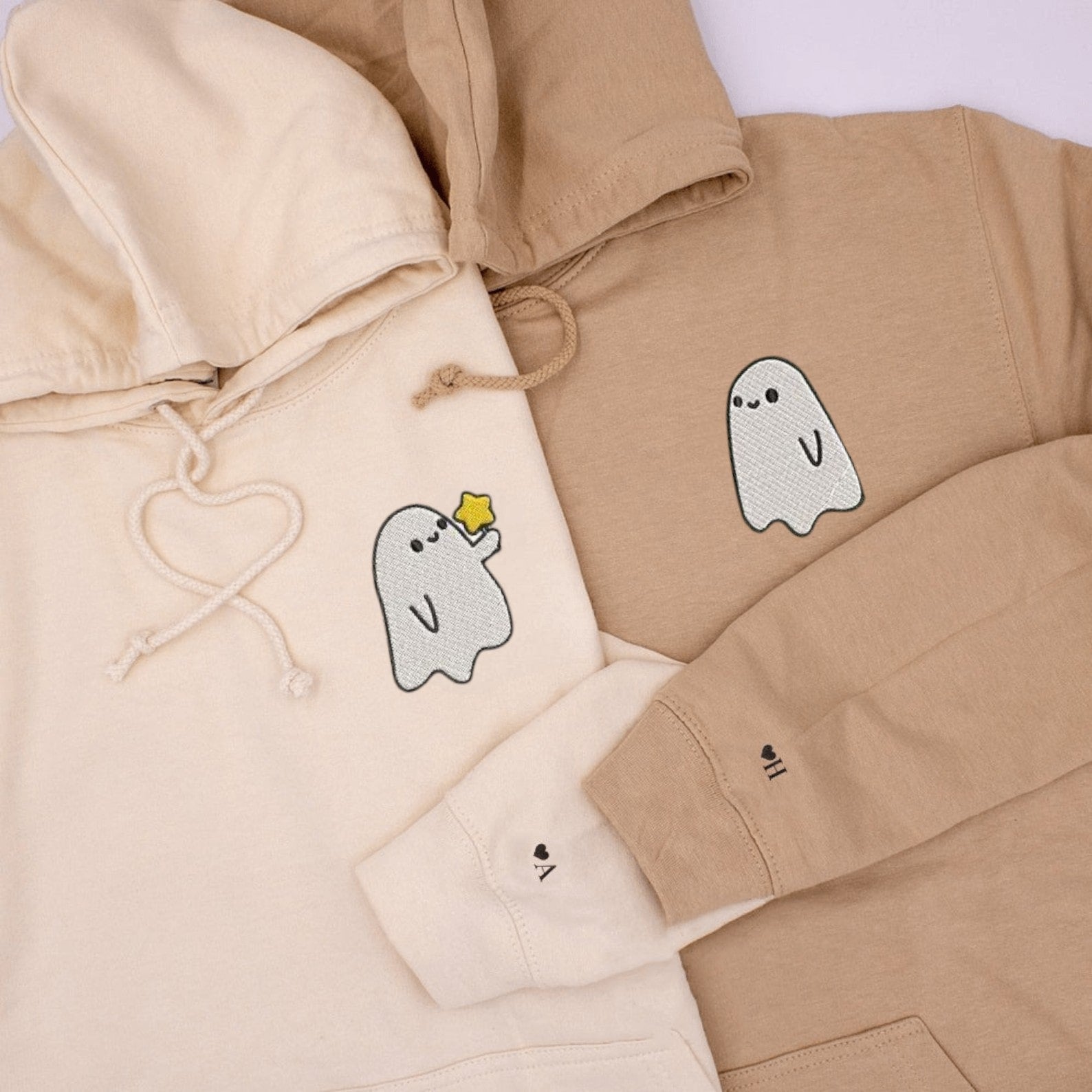 Matching Couple Hoodies featuring customizable ghost-themed designs, perfect for customizable hoodies for couples.
