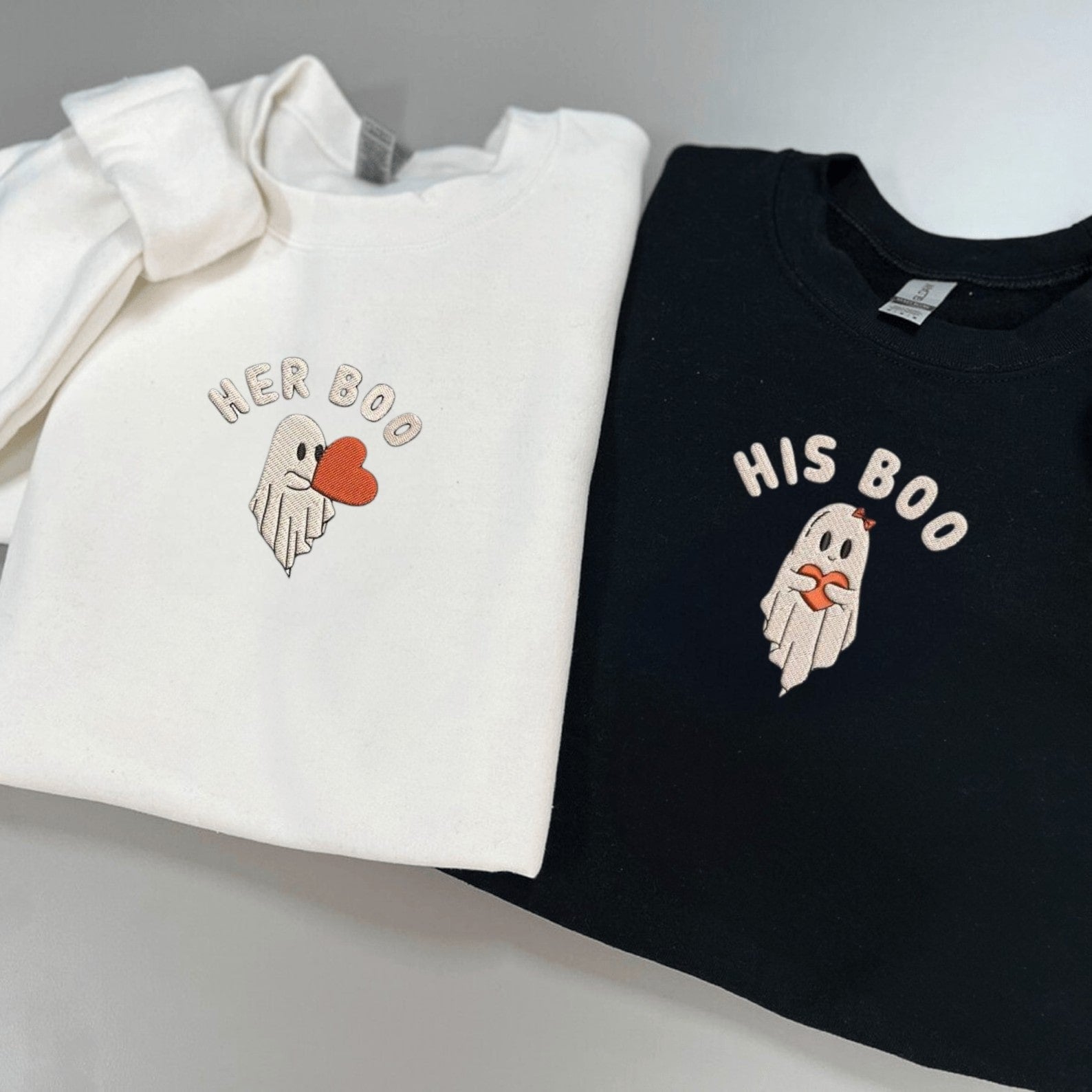 Custom embroidered graphic meme shirts showcasing cute ghost designs with "His Boo" and "Her Boo" text, perfect for fans of funny meme t-shirts.
