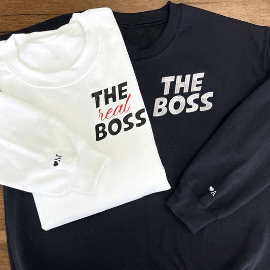 Custom embroidered graphic meme shirts featuring "The Boss" and "The Real Boss" designs, ideal for best gag gifts for men.
